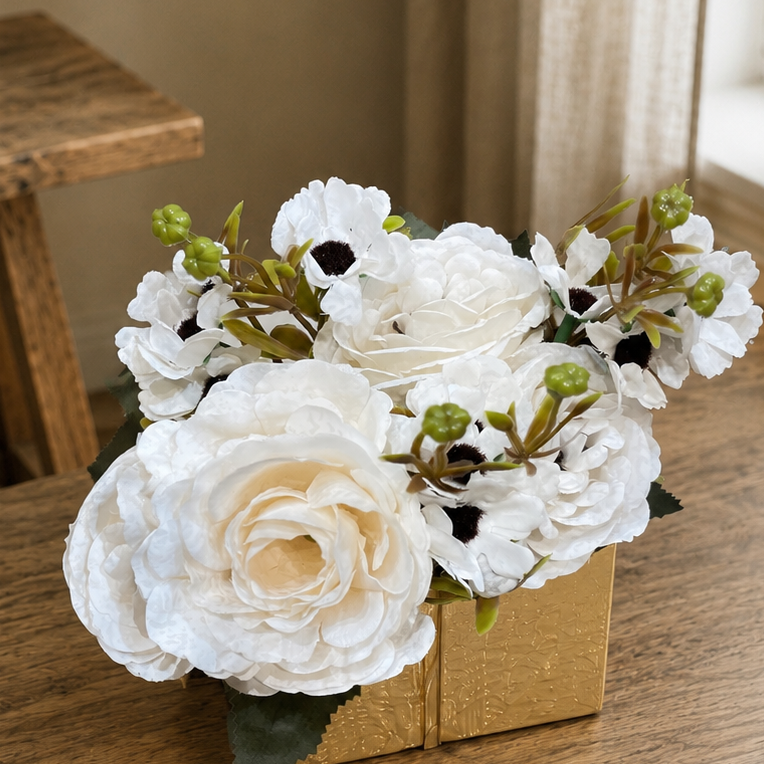 Artificial White Rose & grass Combo Set