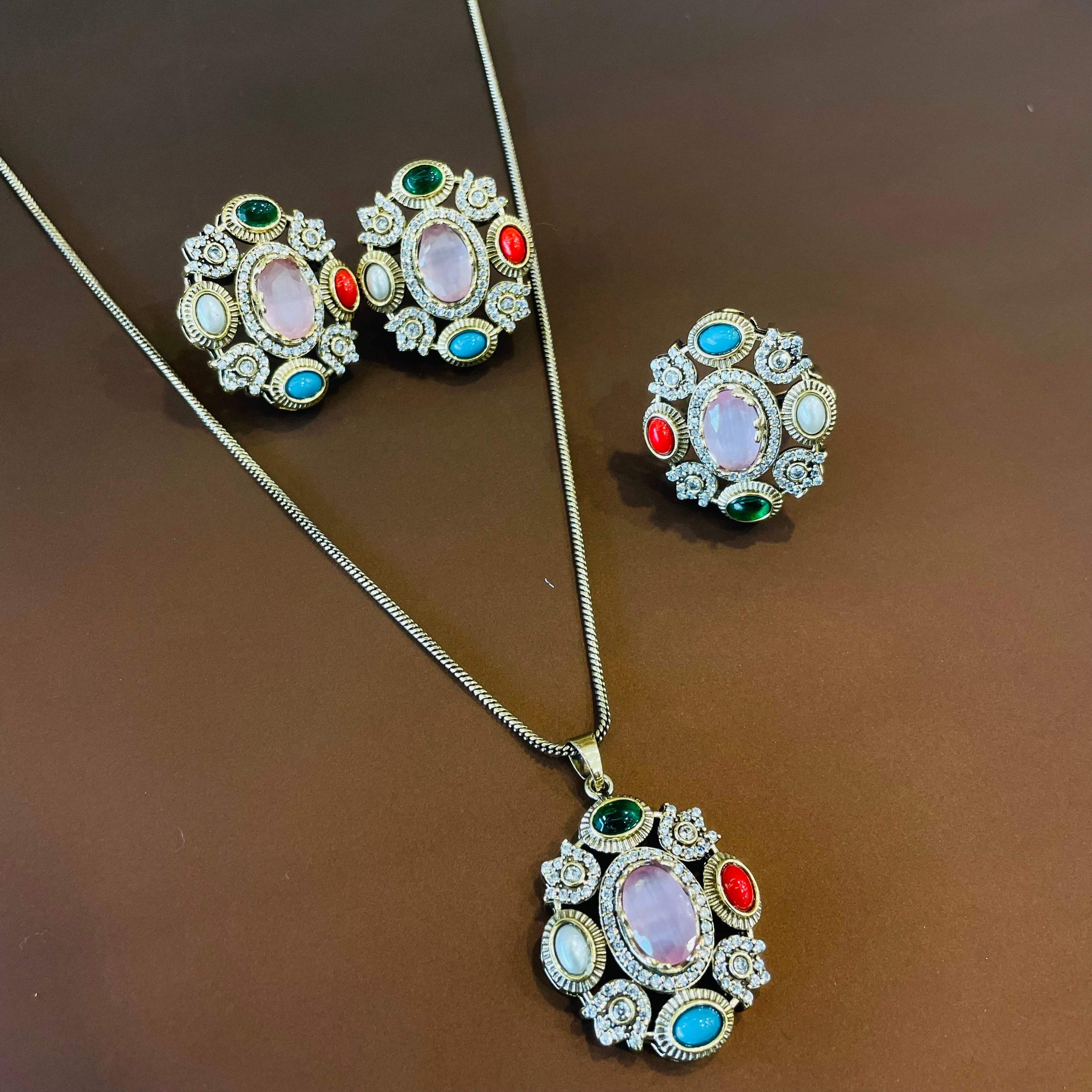 Nayaab Tarini Combo set - pendant,studs,ring-adjustable