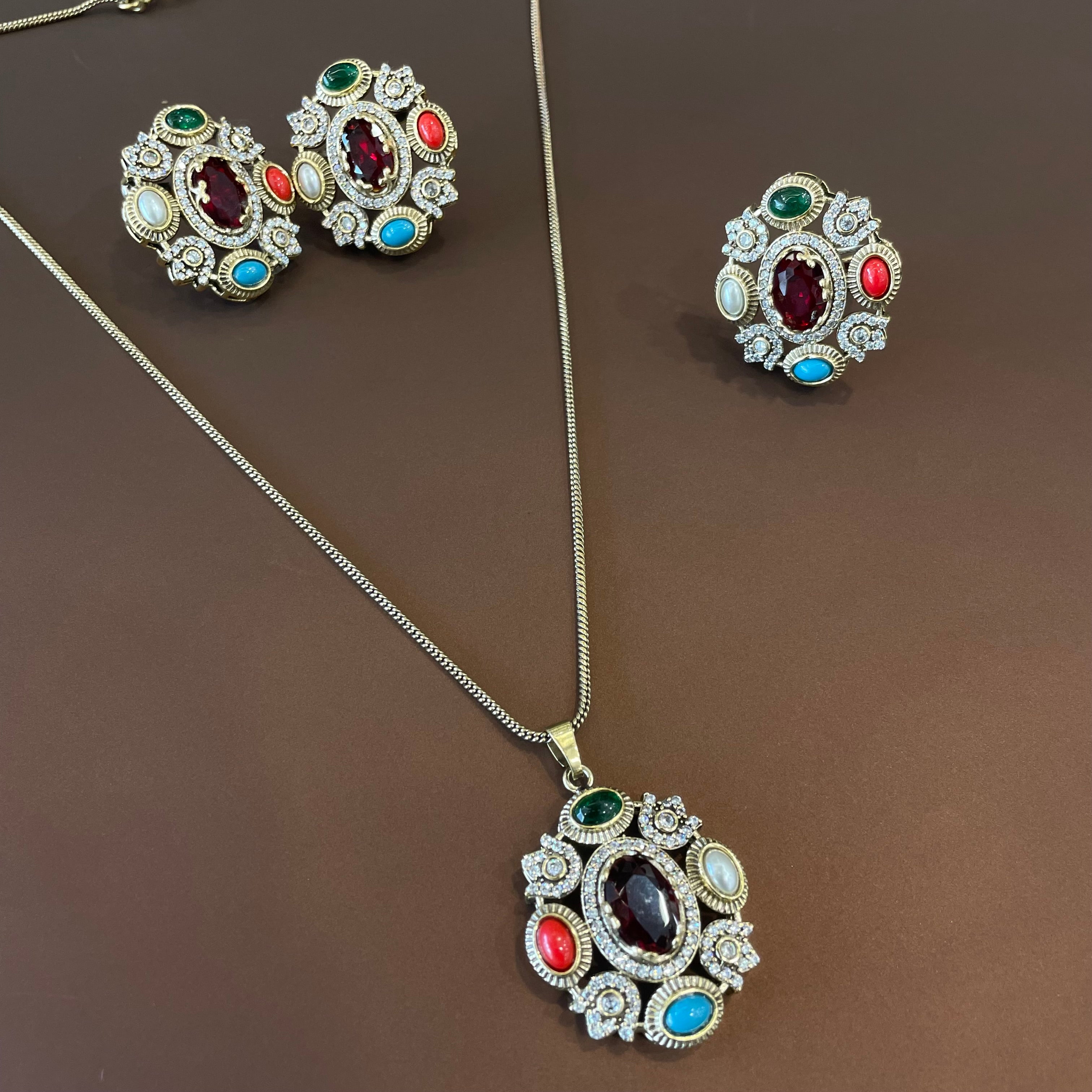 Nayaab Tarini Combo set - pendant,studs,ring-adjustable