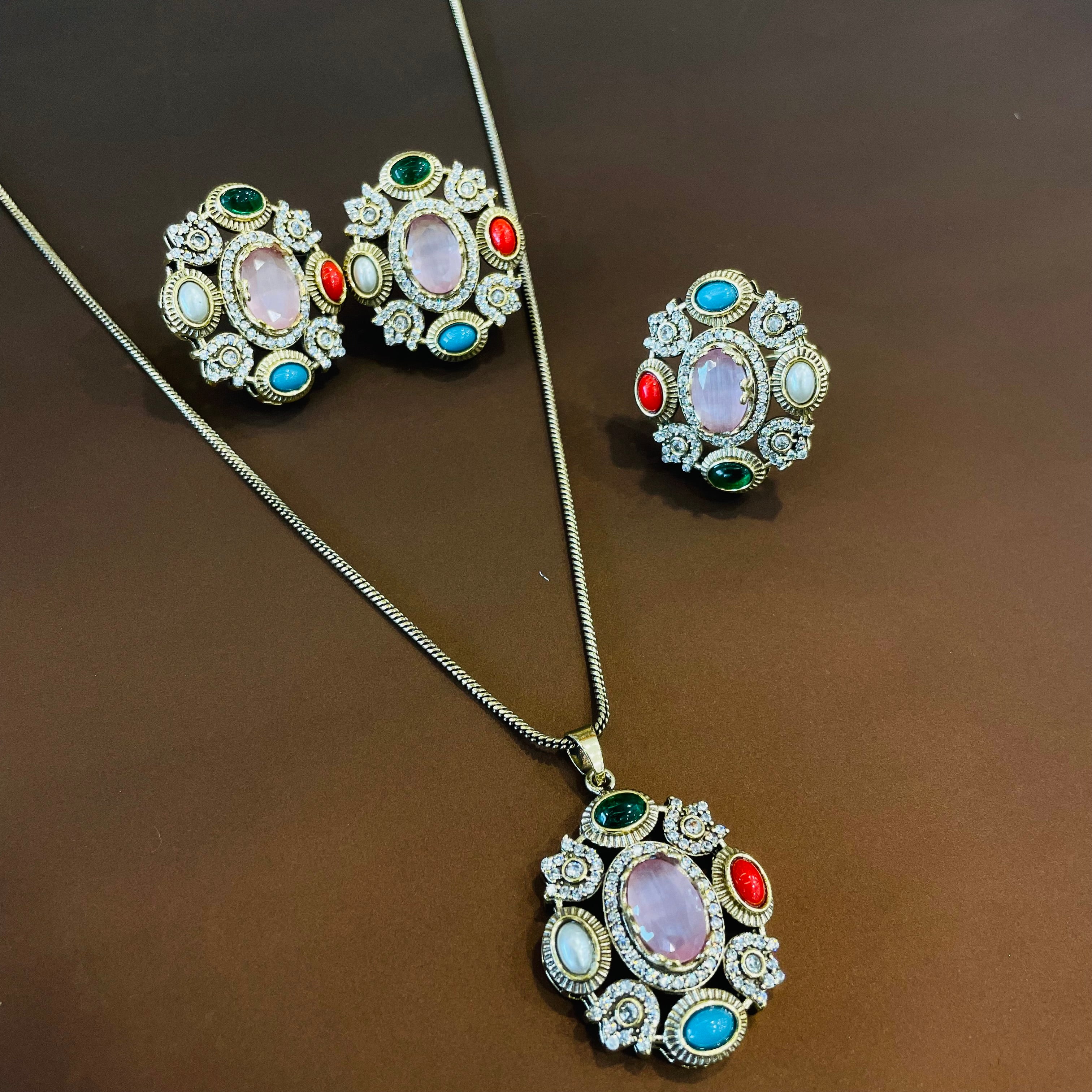 Nayaab Tarini Combo set - pendant,studs,ring-adjustable