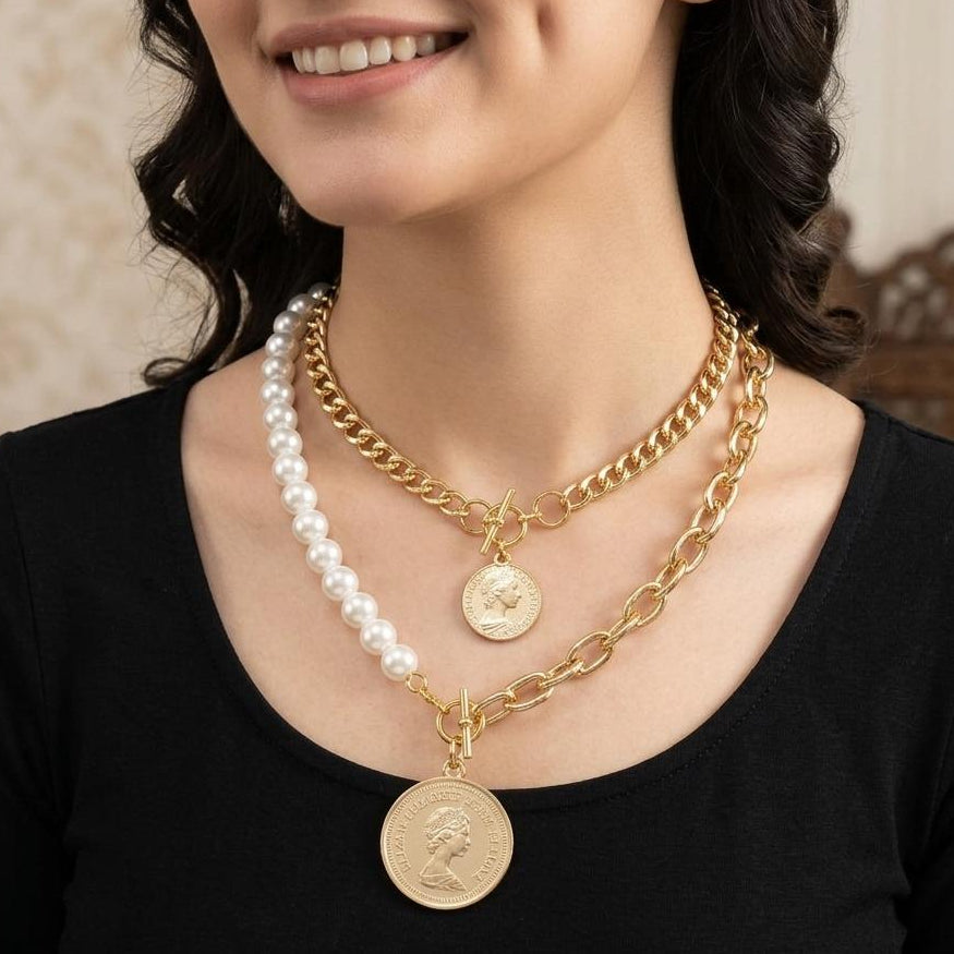Layla Vintage Coin & Pearl Layered Neckpiece