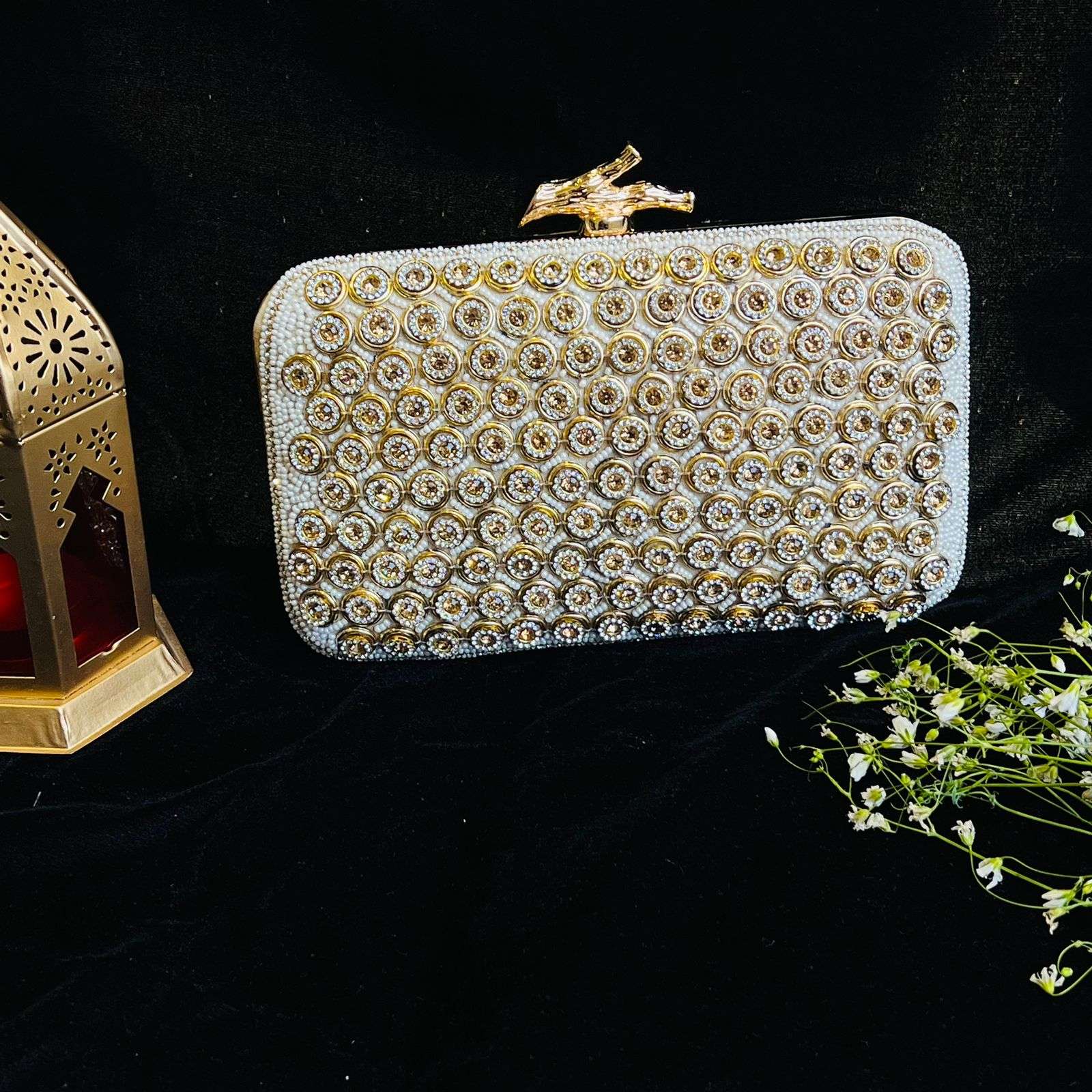 vs pearl gold clutch velvet box by shweta