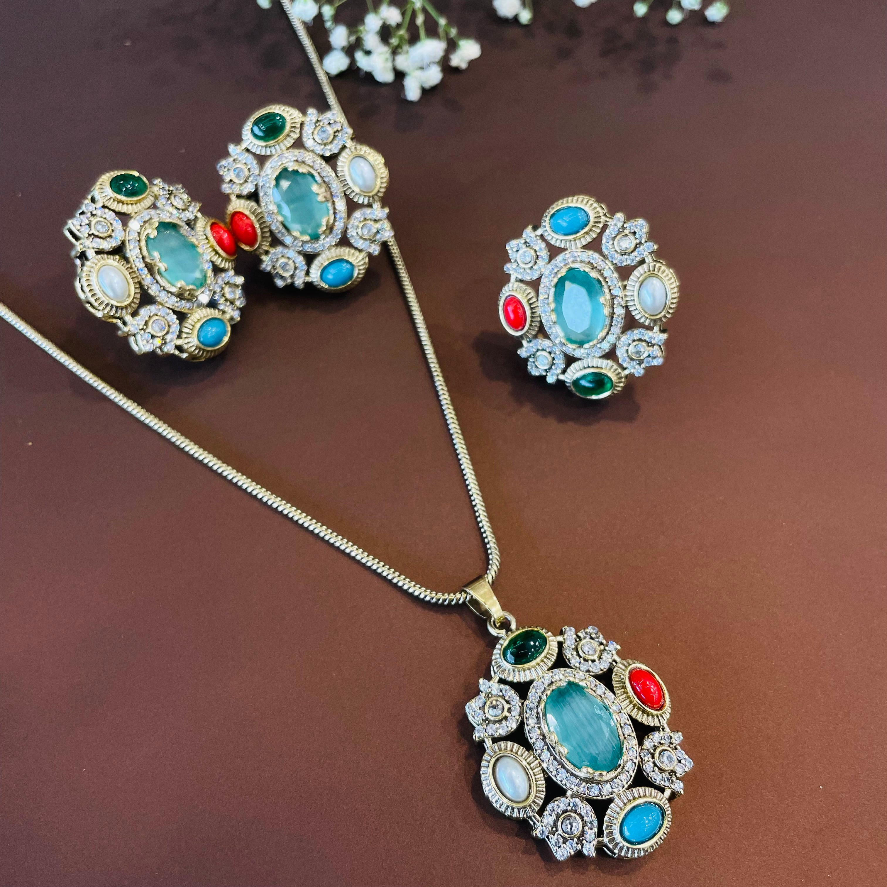Nayaab Tarini Combo set - pendant,studs,ring-adjustable