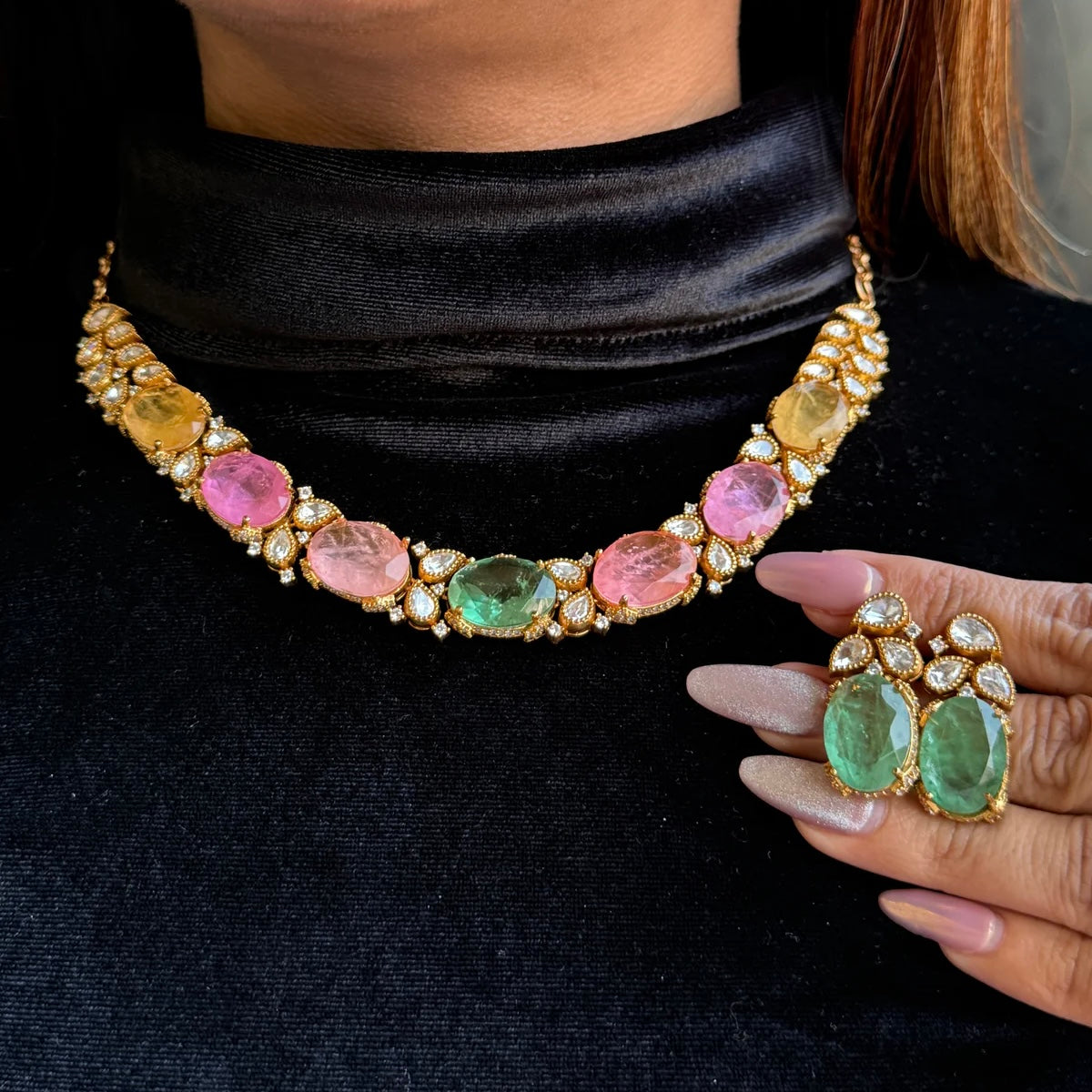 Nayaab Navratna Multi Polki Neckpiece