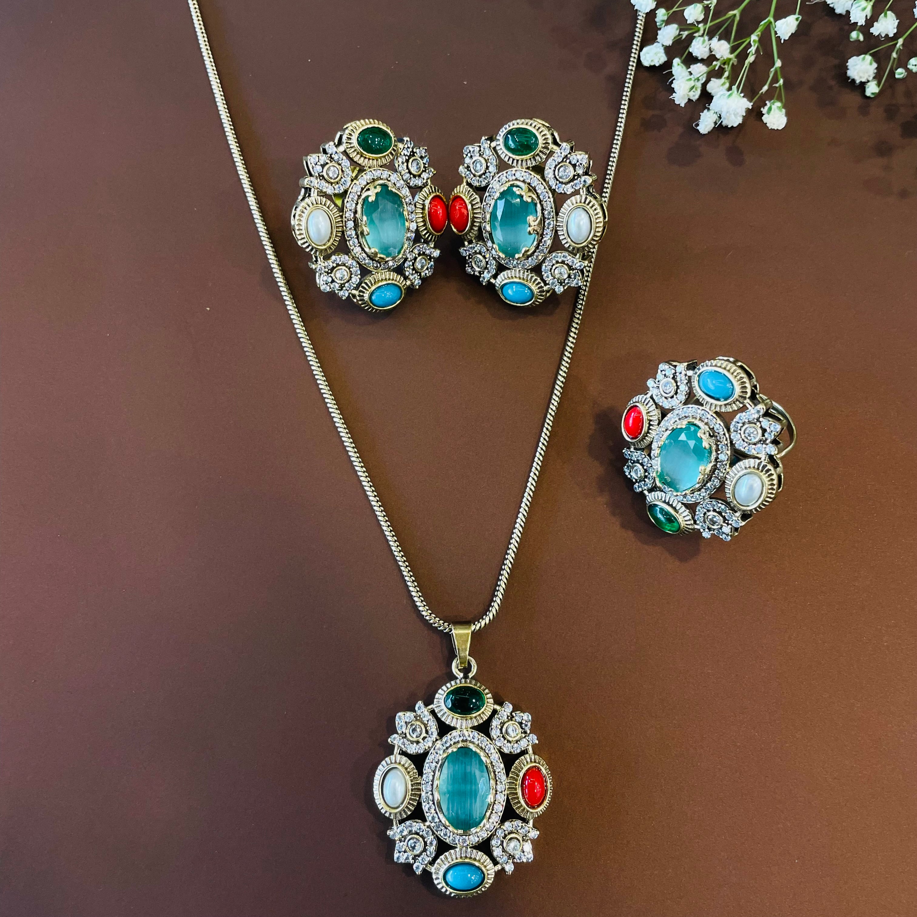 Nayaab Tarini Combo set - pendant,studs,ring-adjustable