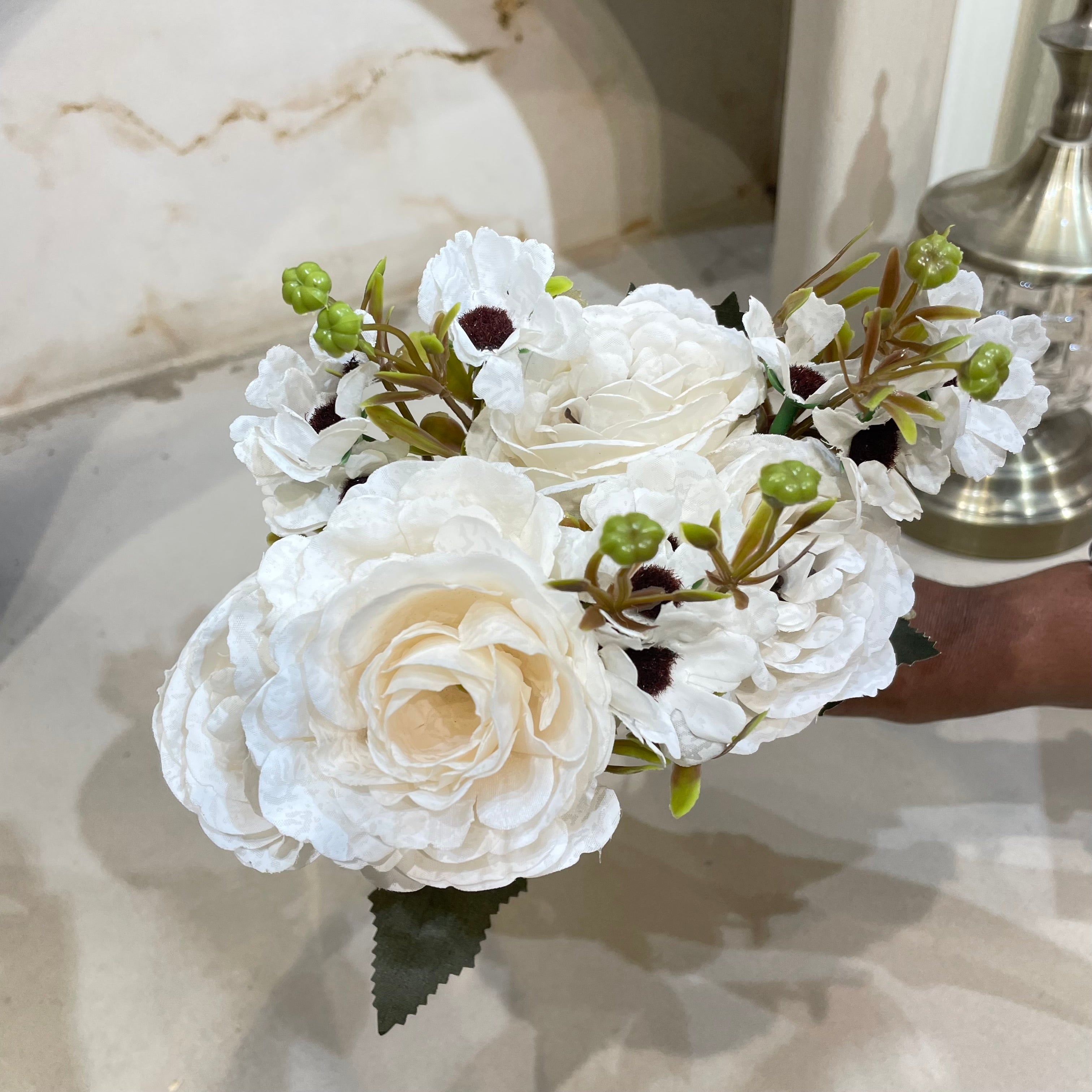 Artificial White Rose & grass Combo Set