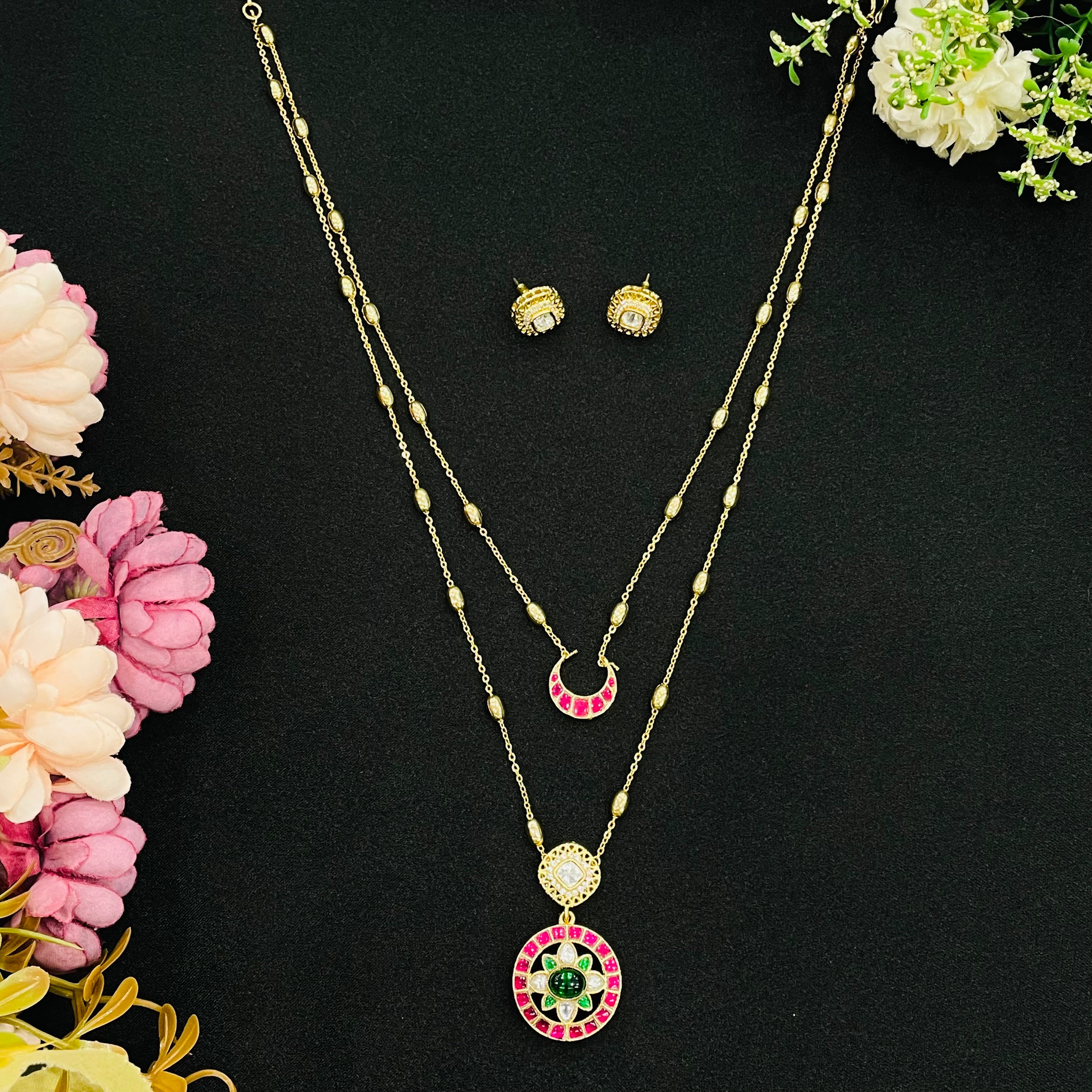 Nayaab Double Layered Polki Pendant Neckpiece