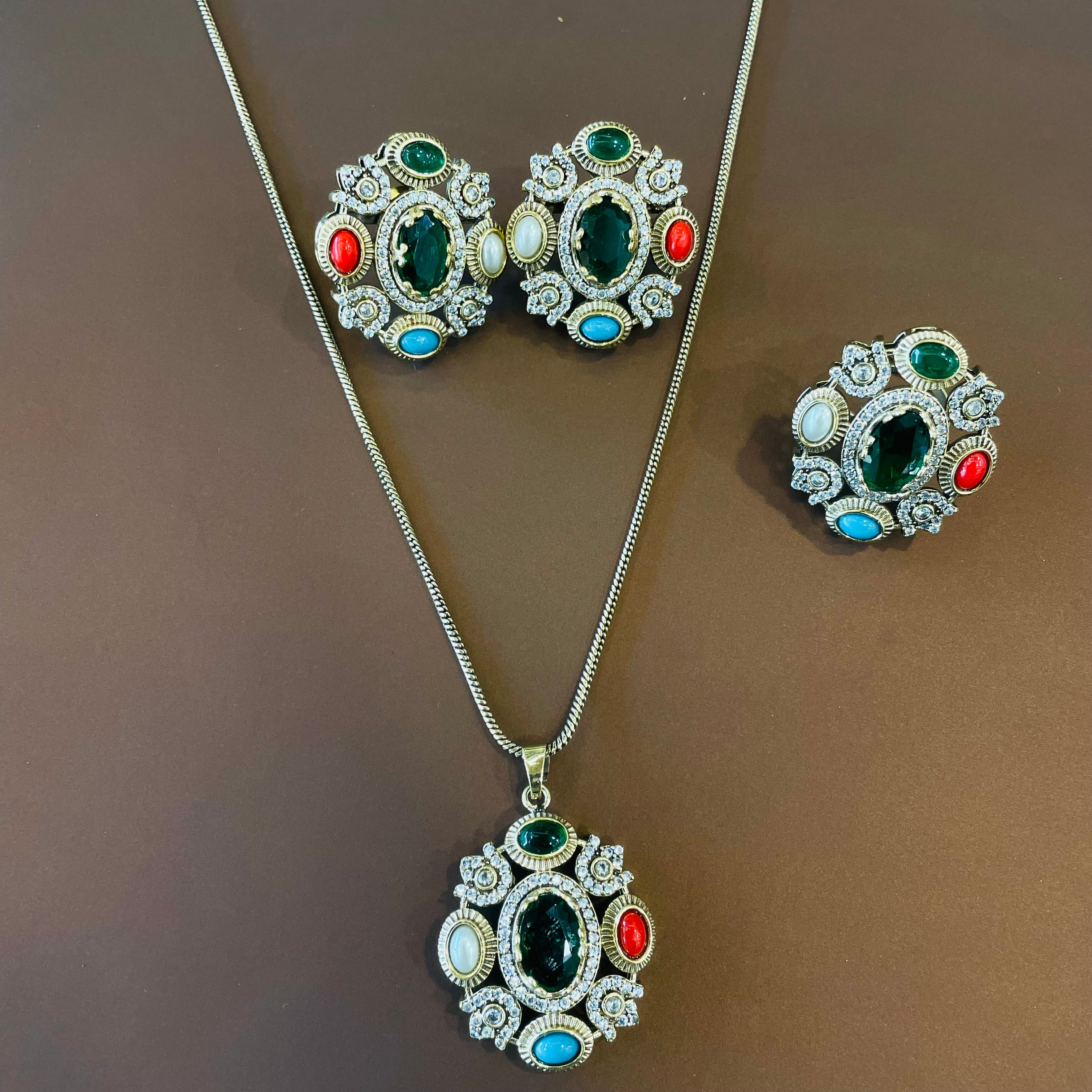 Nayaab Tarini Combo set - pendant,studs,ring-adjustable