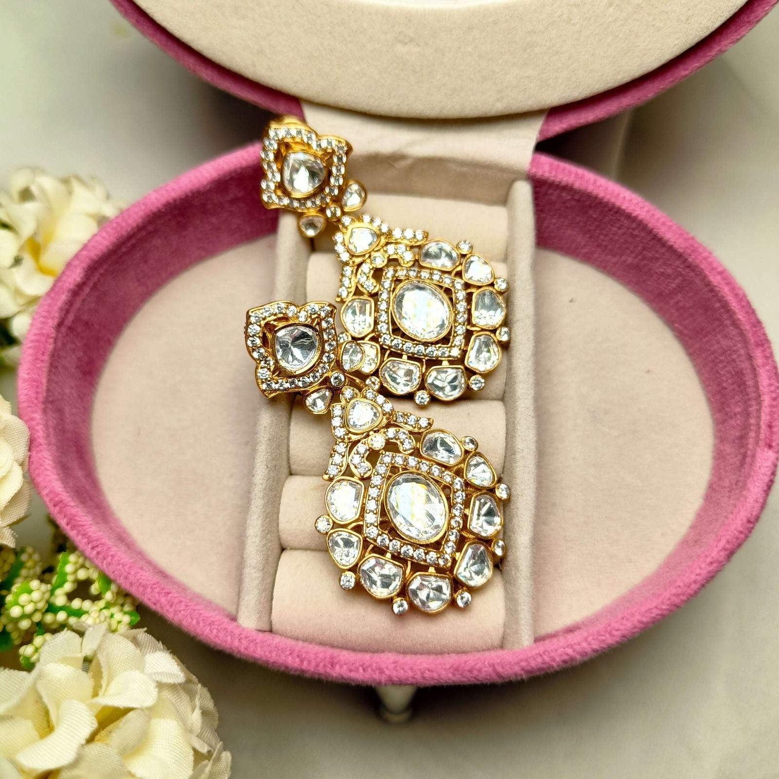 Nayaab Shraddha Polki earrings Velvet box by Shweta